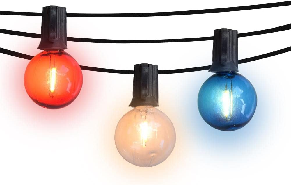 fantado Patriotic 4th of July Outdoor Patio String Light with Shatterproof LED Bulbs, Black Cord - G50-2 INCH - 28 Feet (25 Bulb) by PaperLanternStore.com