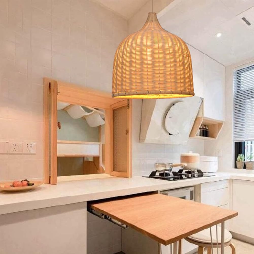 Arturesthome 15.7in Rattan Woven Pendant Light, Handmade Ceiling Pendant Lighting Chandelier, Hanging Lampshade Fixture for Dining Room Kitchen Entryway