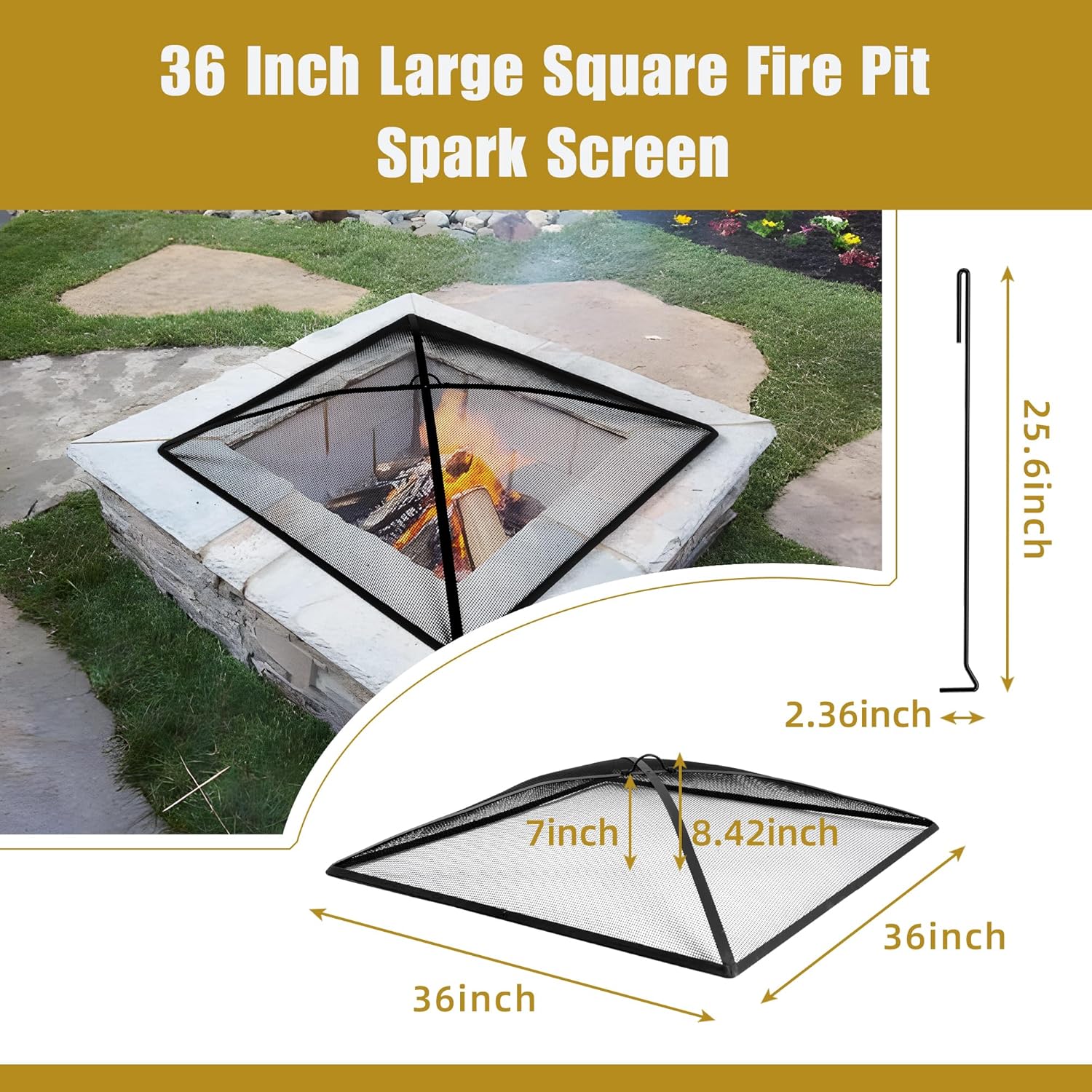 WeCooper 36Inch Heavy Duty Fire Pit Spark Screen Cover, Steel Mesh Square FirePit Screen, Fire Pit Ember Guard with Poker