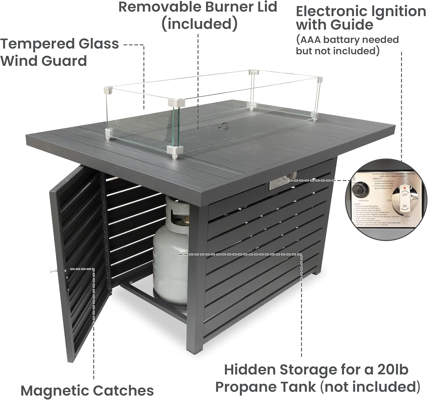 Rectangle Propane Fire Pit Table: 43'' Aluminum Patio Gas Fire Table - 50000 BTU Rustproof Tabletop Firepit Wind Guard Glass Beads - Outdoor Heating Porch Deck Gazebo Backyard Garden - Dark Gray