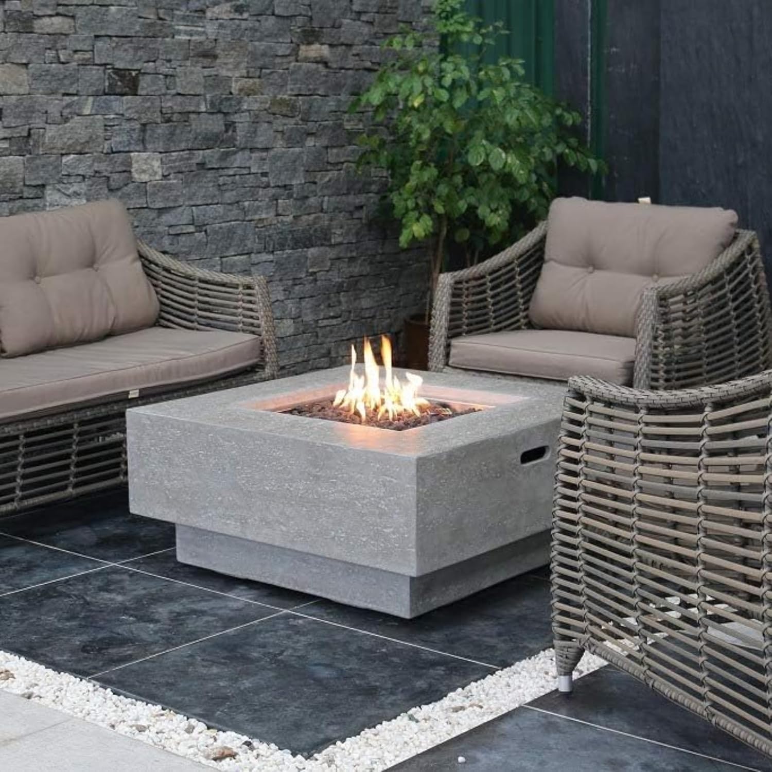 Manhattan Fire Table Light Grey Propane Gas Fire Pit Modern Outdoor Concrete Fire Table with Lava Rocks & Weather-Resistant Finish Elegant Patio Heating