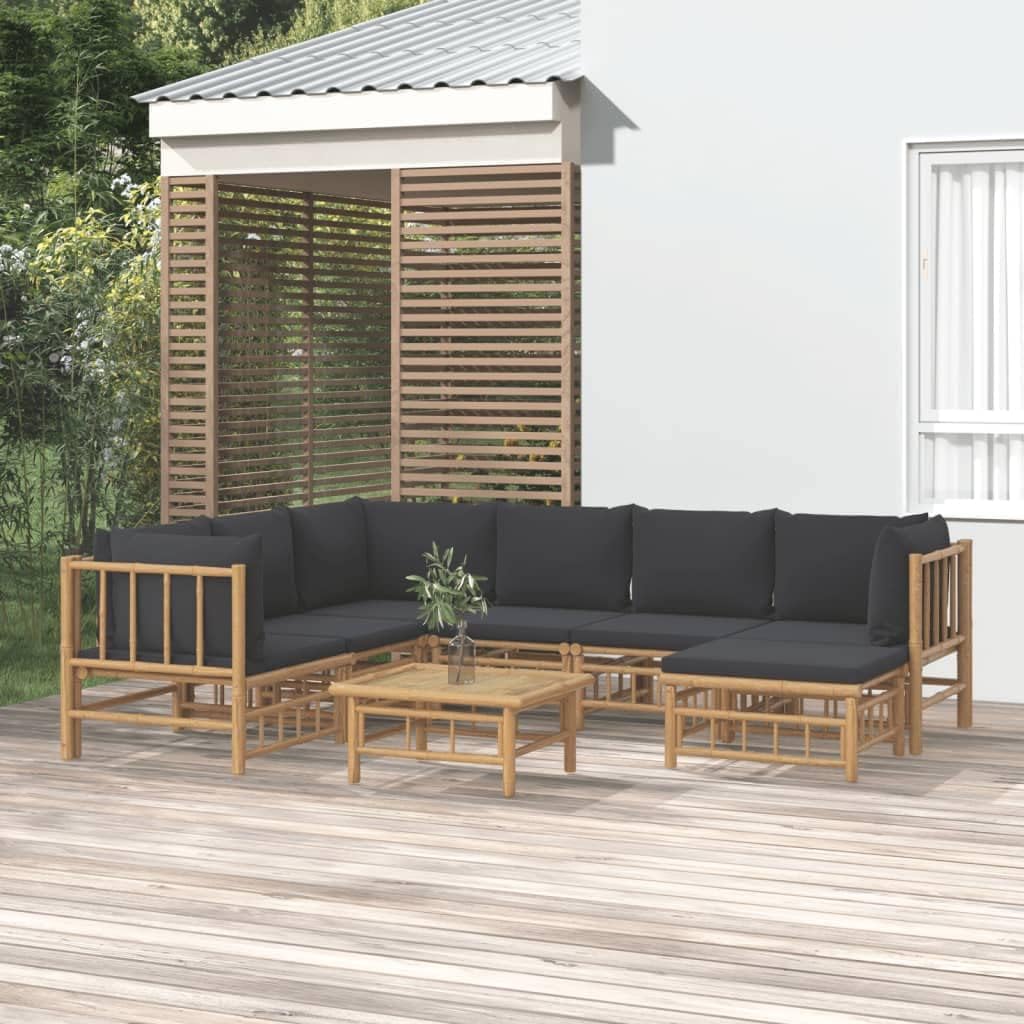 8 Piece Patio Lounge Set with Dark Gray Cushions Bamboo,Elegant Bamboo Patio Lounge Set: Enjoy Comfort and Style in Your Outdoor Space Patio Furniture Sets, Outdoor Furniture Sets