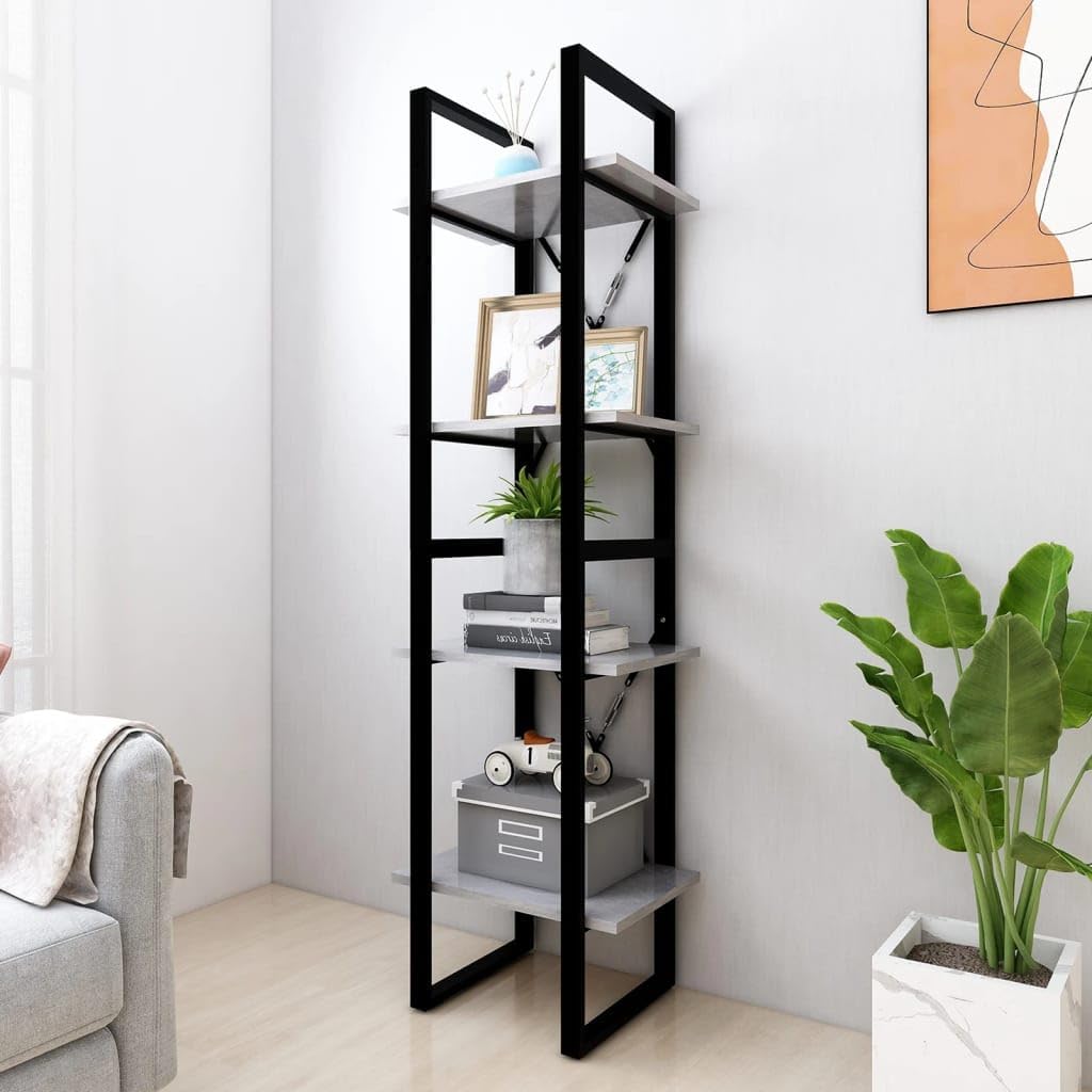 Concrete Gray Book Cabinet, Black Engineered Wood, Metal Frame, 4-Tier Industrial Shelving Unit, 11.8x15.7x55.1in Display Case for Living Room, Office Storage