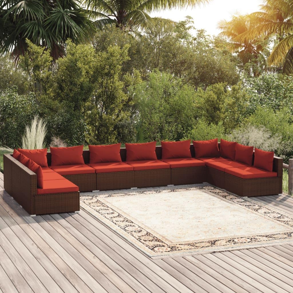 10 Piece Patio Lounge Set with Cushions Poly Rattan Brown,Cozy Rattan Patio Lounge Set: Modular Furniture for Outdoor Comfort and Style Patio Furniture Sets, Outdoor Furniture Sets