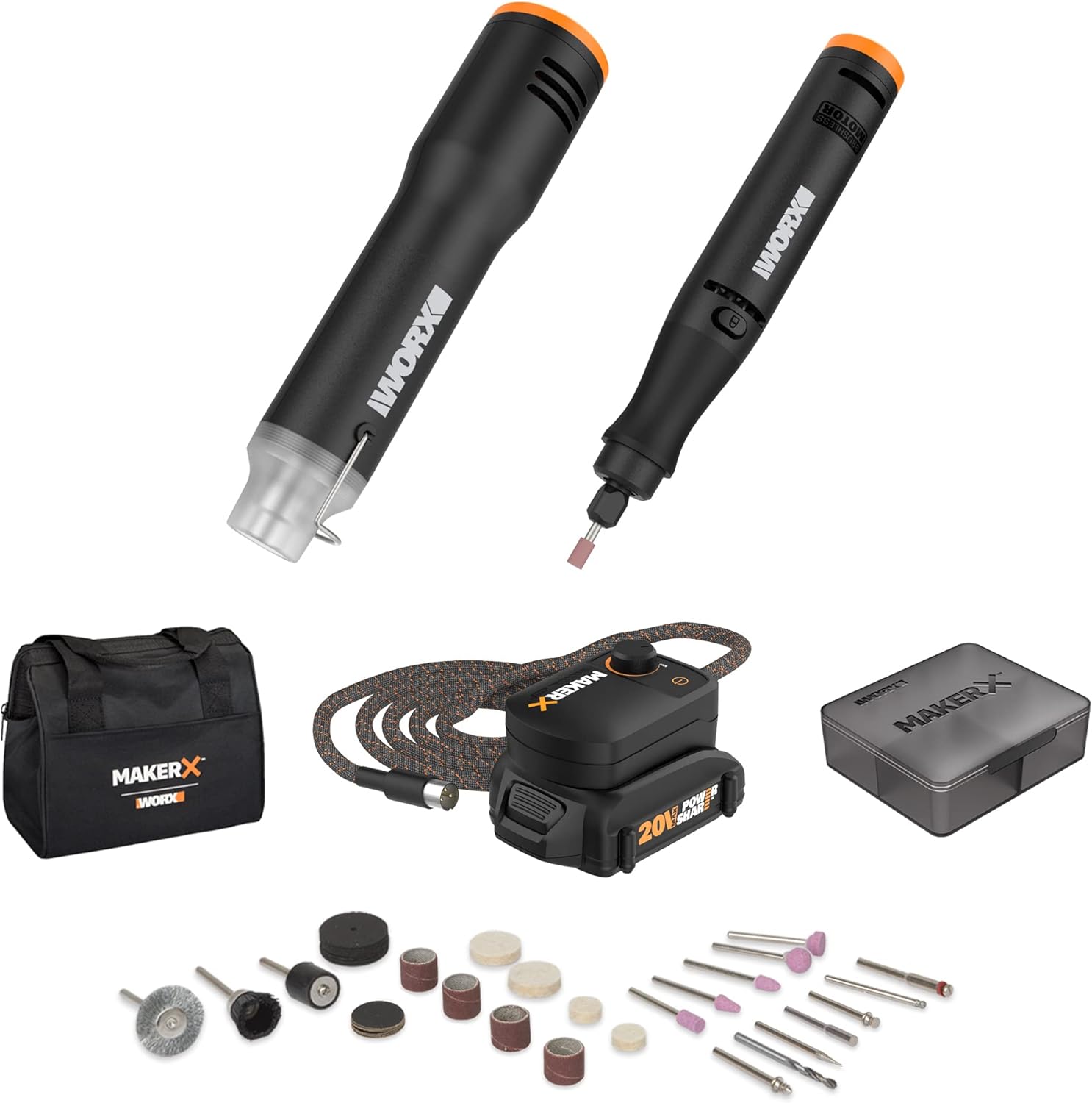 Worx WX989L 20V MAKERX 2-Pc Combo Kit - Rotary Tool + Heat Gun w/ 42 Accessories