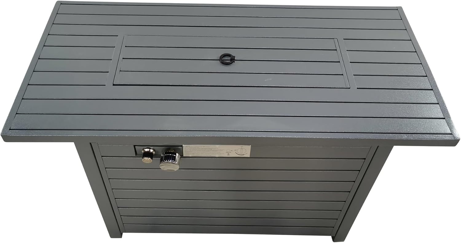 Penau 25 Inch H x 42 Inch W Steel Propane Outdoor Fire Pit Table with Lid - Modern Grey Design, 50000 BTU, Adjustable Flame