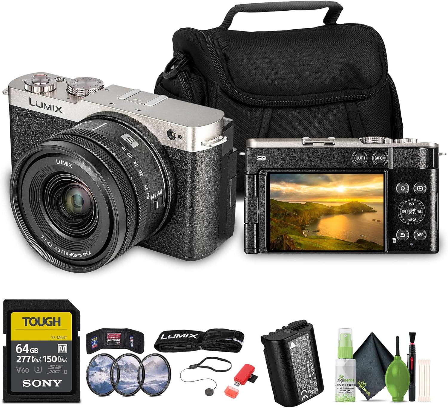 Panasonic Lumix S9 Mirrorless Camera with 18-40mm f/4.5-6.3 Lens (Silver) + 64GB Memory Card + 62mm 3 Piece High Resolution Filter Kit + USB Card Reader,SD/microSD + More