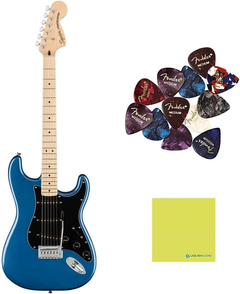 Squier Affinity Series™ Stratocaster®, Maple Fingerboard, Lake Placid Blue - 0378003502 Bundle w/ 12-Pack Guitar Pick and Liquid Audio Polishing Cloth