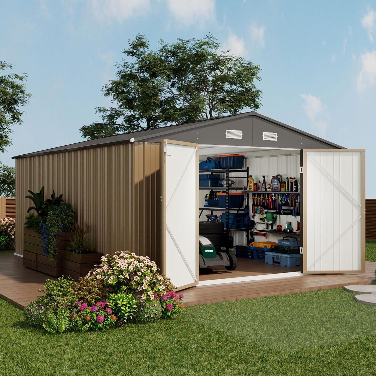 Devoko 10x14 FT Outdoor Storage Shed, Large Metal Storage Sheds with Lockable Door, Utility Garden Tool Shed with Sloping Roof, Outside Steel Storage Sheds for Patio Lawn Backyard, Brown