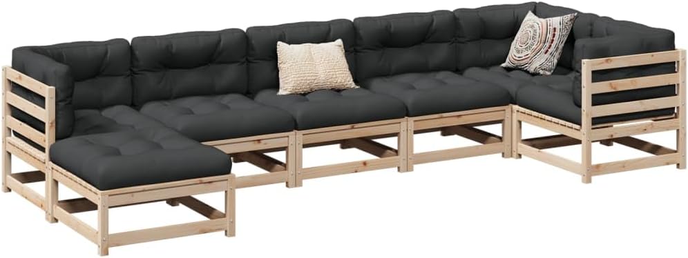 Garden Sofa Set Anthracite Solid Pine Wood, Large Modular 7-Piece Outdoor Patio Furniture, Weather-Resistant Fabric Cushions, Rustic Finish, for Backyard Terrace