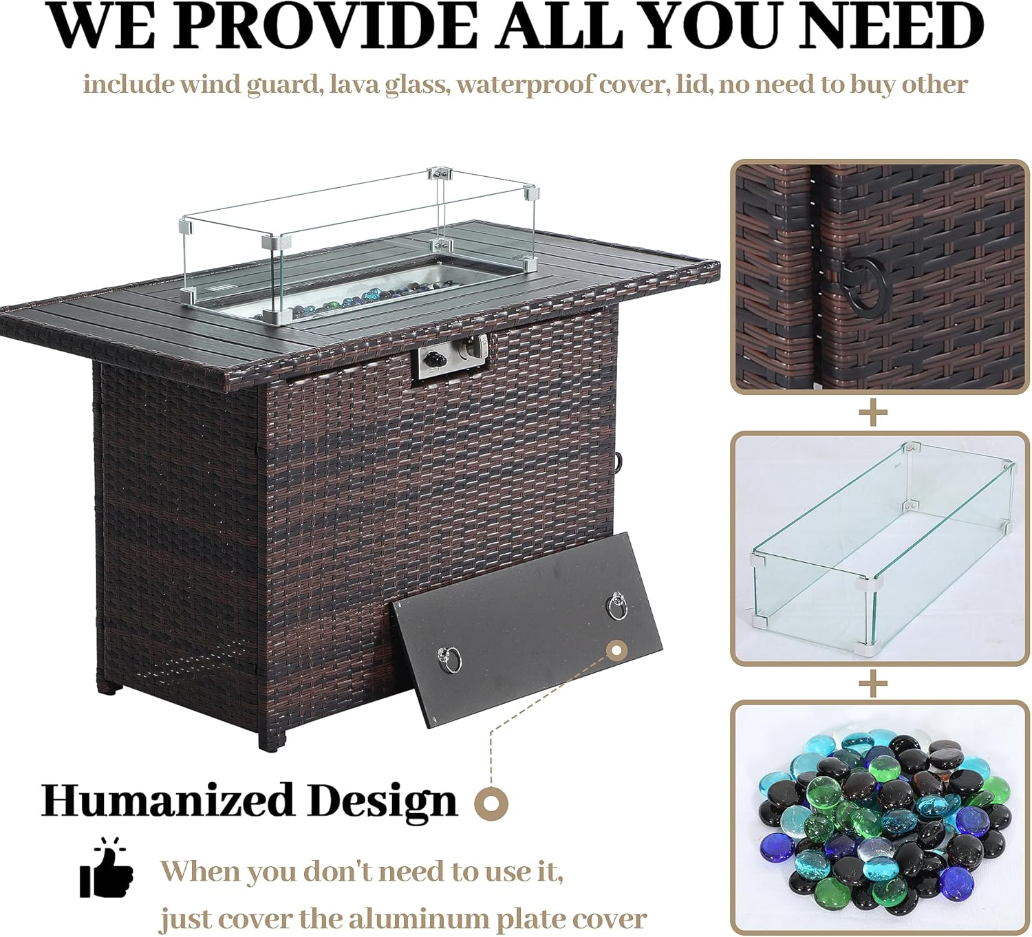 EortheX 44 Inch Propane Fire Pit, Steel Gas Fire Feature Table with Iron Lid,Glass Rock, Rain Cover and Tempered Glass Wind Guard for Outside Garden Backyard Deck Patio