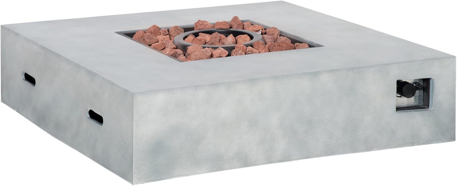 Outsunny Outdoor Propane Fire Pit Table Faux Grey Ledge Stone 42-inch Square Fire Table, 50,000BTU Auto Ignition Gas Firepits with Protective Cover, Lava Rocks, CSA Certification for Outdoor, Grey