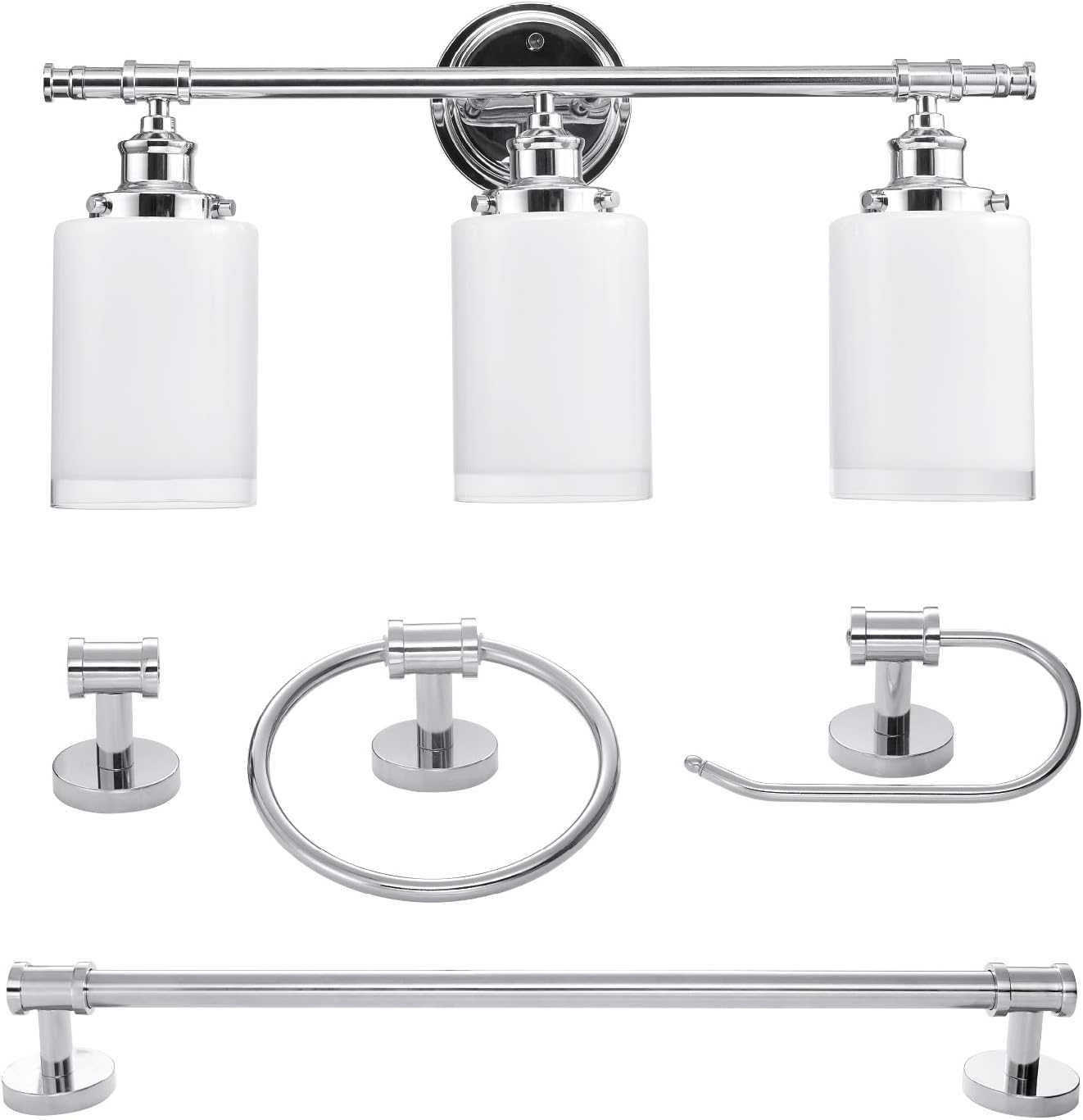 Globe Electric 51414 Freya 5-Piece All-in-One Bathroom Set, 3 Vanity Light with White Shades, Bar, Towel Ring, Robe Hook, Toilet Paper Holder, Chrome with Frosted Glass
