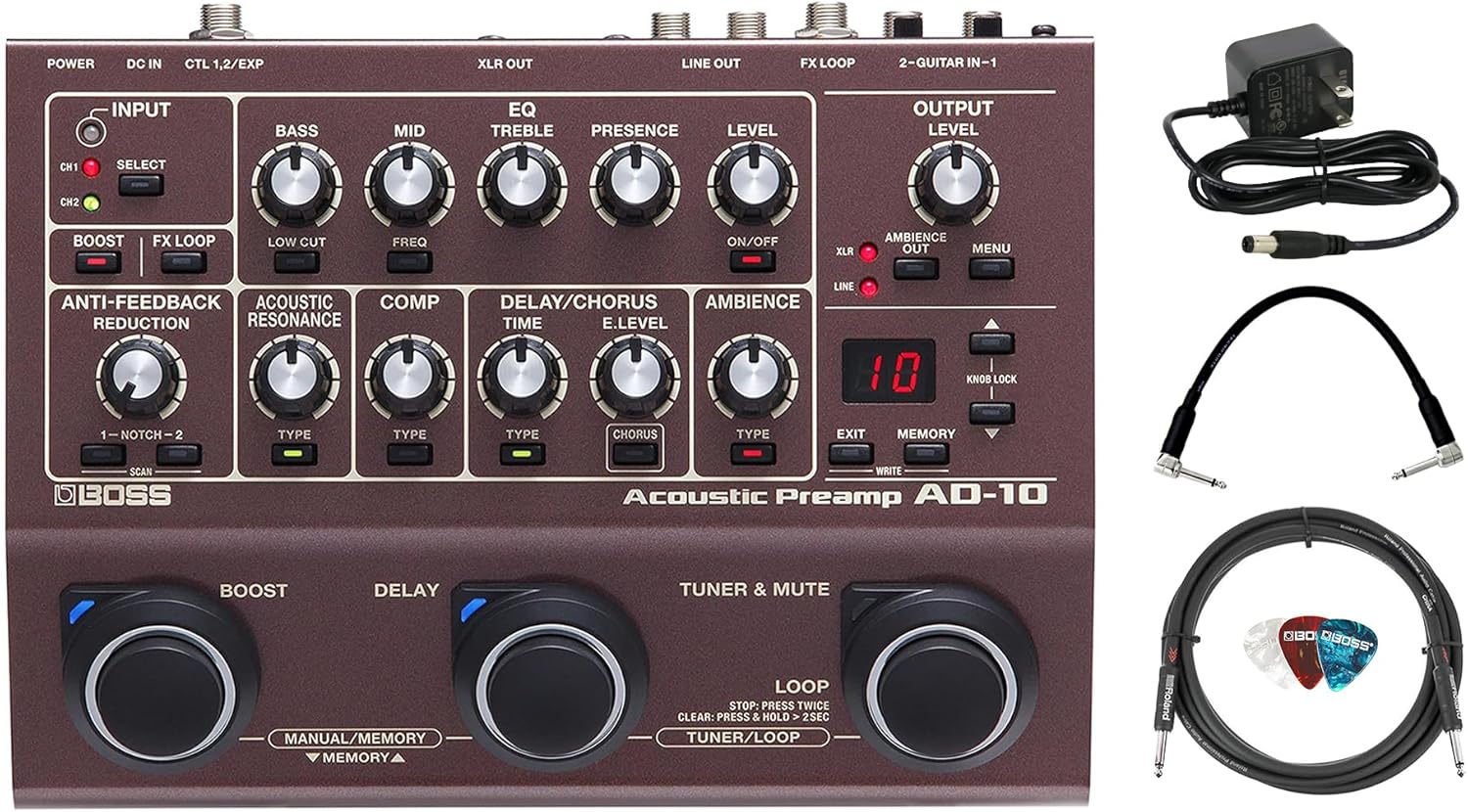 Boss AD-10 Acoustic Preamp Bundle with Gearlux Power Supply, 10ft Instrument Cable, 6in Patch Cable, and Picks