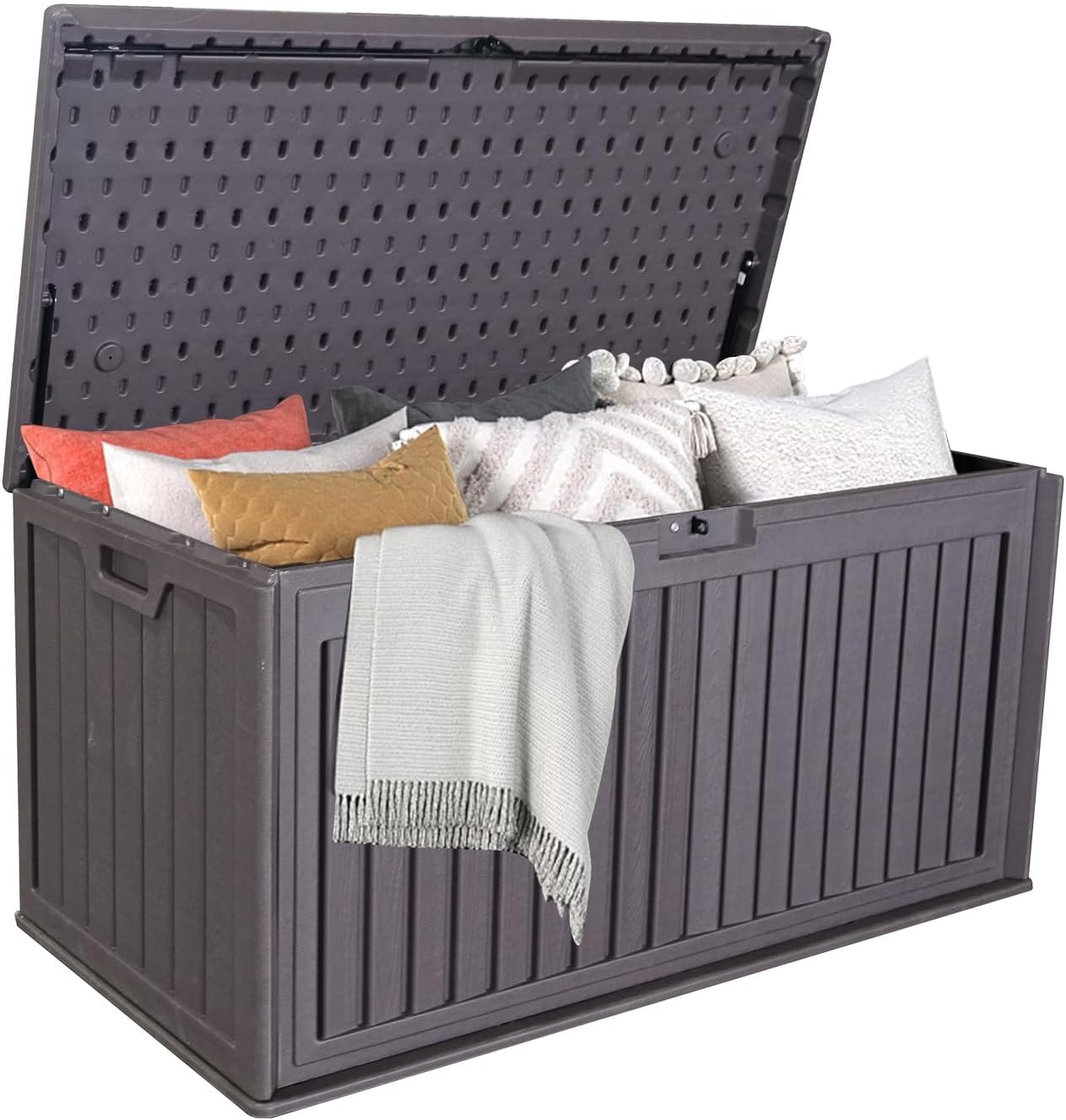 LANTRO JS 100 Gallon Deck Box, Waterproof Deck Storage Box, Resin Plastic Patio Storage Box with Side Handles, Lockable Storage Containers