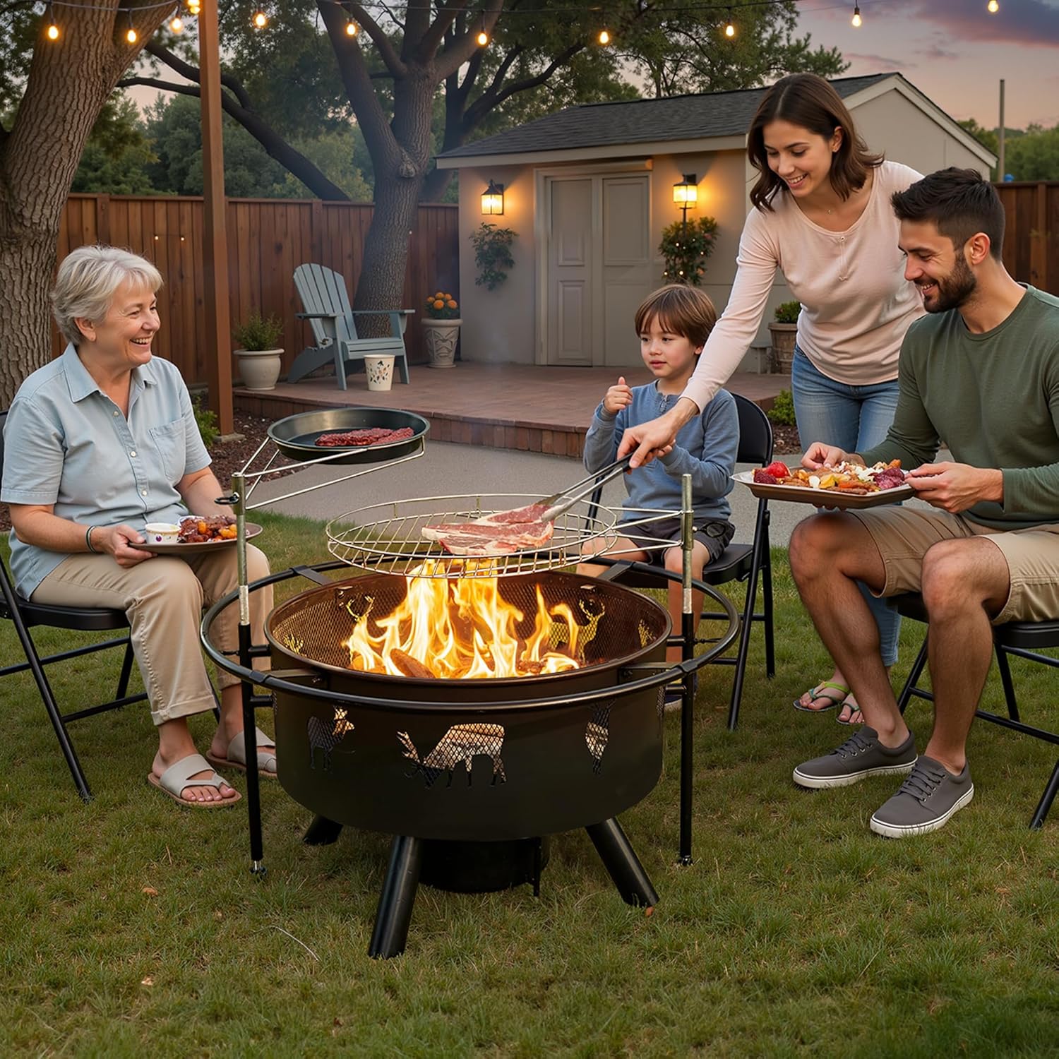 NATURAL EXPRESSIONS 32 Inch Outdoor Fire Pit, Wood Burning Fire Pits with 2 Grills, Poker, Brushes, Ash Pan, Mesh Cover, Waterproof Cover, Charcoal Fire Pit for BBQ, Patio, Bonfire, Heat&Cook