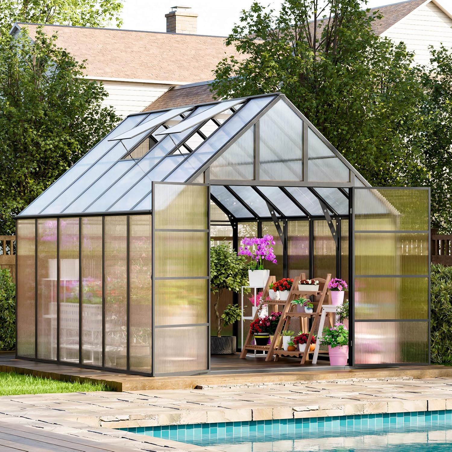 12x10x10 FT Greenhouse for Outdoors, Easy Assembly Large Aluminum Polycarbonate Kit, 2 Vent Windows, Swing Door, Walk-in, for Outside, Sunroom, Backyard, Garden