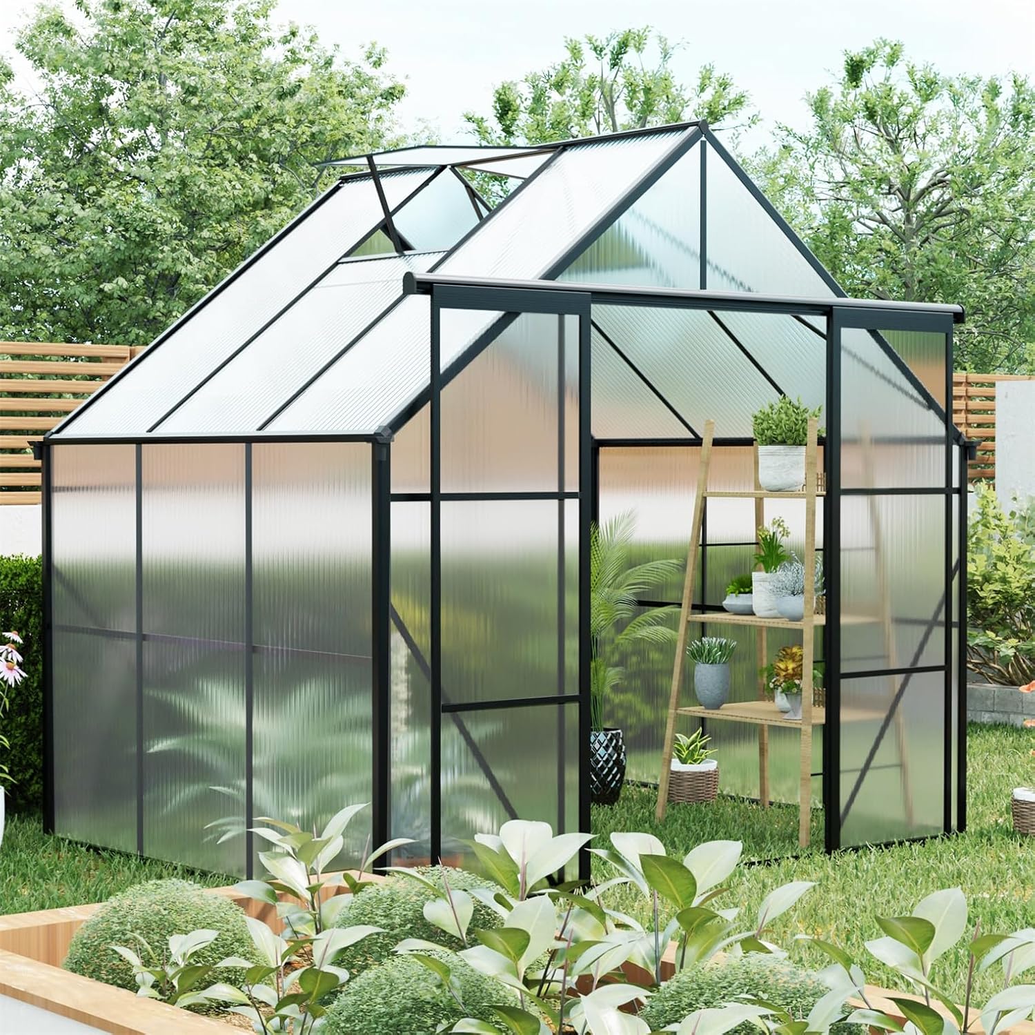 8×10 FT Double Door Polycarbonate Greenhouse Raised Base Anchor,Aluminum Heavy Duty Walk-in Greenhouses for Outdoor Outside Garden Backyard in All Season