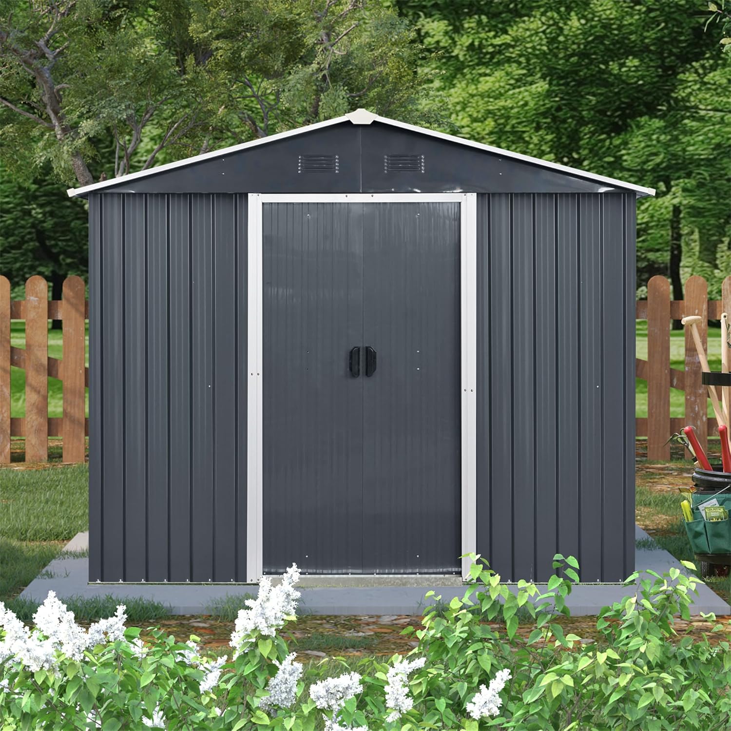 8x4FT Shed Outdoor Storage Shed, Metal Tool Shed with Waterproof Roof, Window, Metal Foundation and Lockable Sliding Door, Garden Shed for Backyard Patio Lawn, Black & White