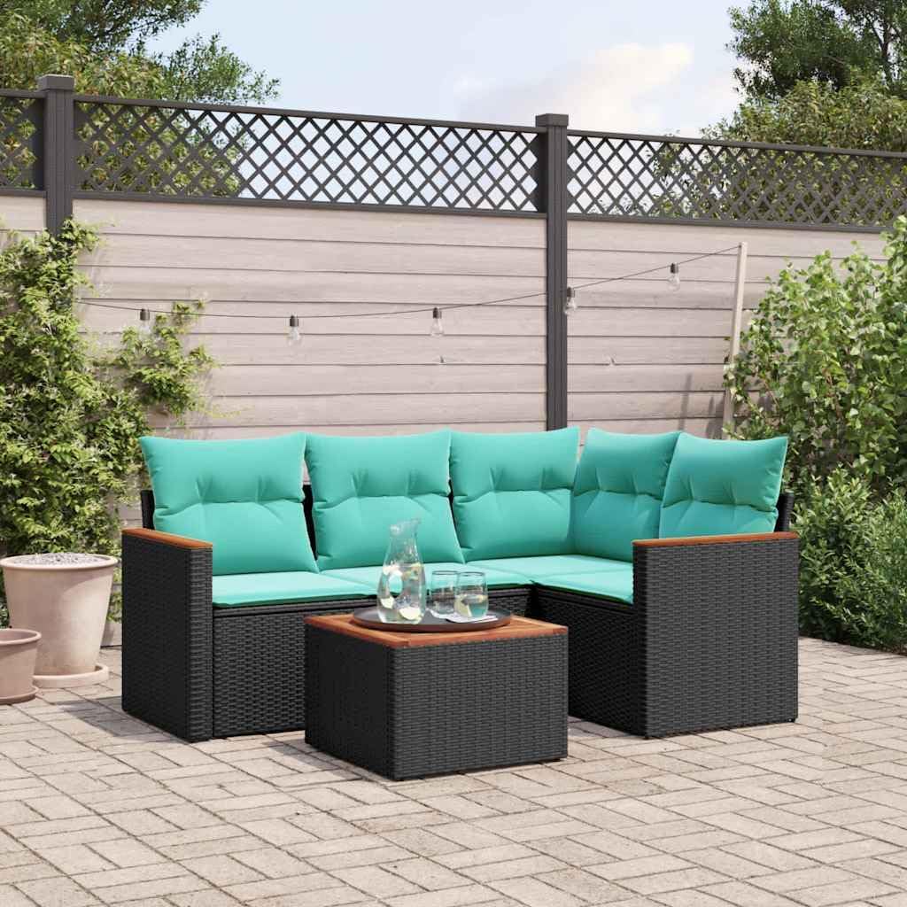 5 Piece Garden Sofa Set, Black Poly Rattan Outdoor Patio Furniture with Acacia Table, UV-Resistant Cushions, Modular Design for Backyard, Terrace