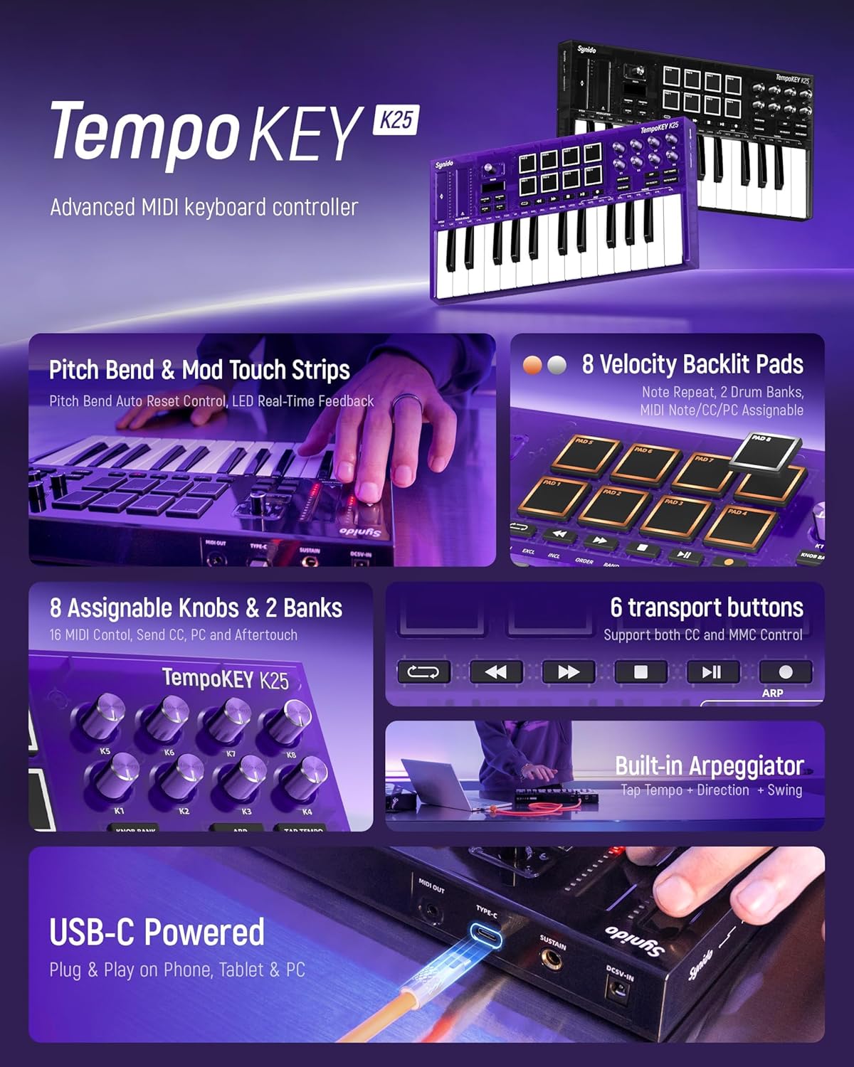 Synido Wireless Audio Interface Live Sound Card and 25 Key USB MIDI Keyboard Controller with Drum Pads