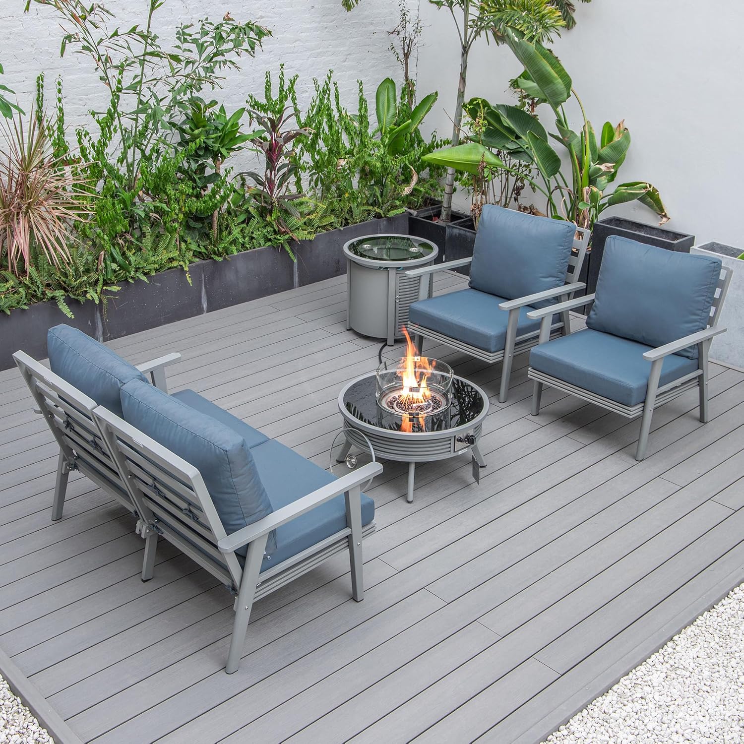 LeisureMod Walbrooke Modern Aluminum 5-Piece Patio Conversation Set with Outdoor Round Fire Pit Slats Design & Side Table Tank Holder, Navy Blue