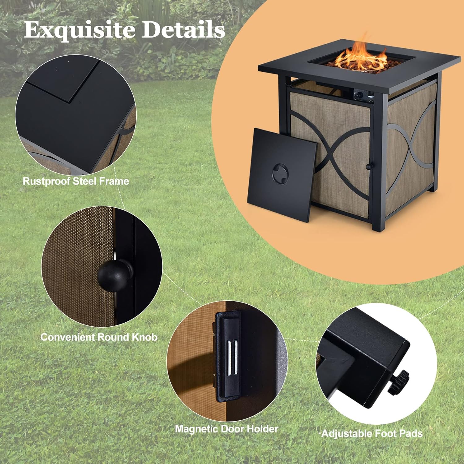 Tangkula 25-Inch Propane Fire Pit Table, Patiojoy 40,000 BTU Auto Ignition Gas Fire Table with Removable Lid, Fire Glass, Adjustable Flame, Suitable for Patio, Balcony, Garden, Poolside