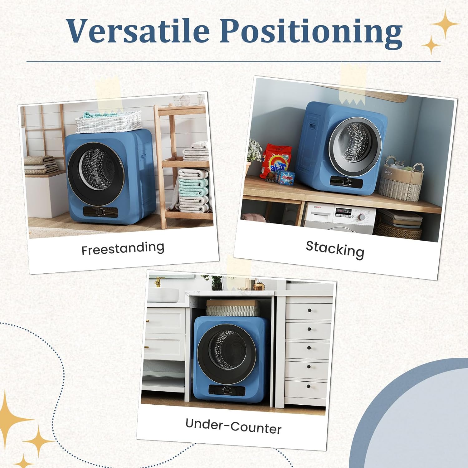 Auertech 1.5 Cu.Ft Portable Clothes Dryer, 850 W Front Load Electric Dryer Machine with Stainless Steel Drum, Simple Control Knob, Compact Tumble Dryer for Laundry Apartment, Dorm, RV, Blue