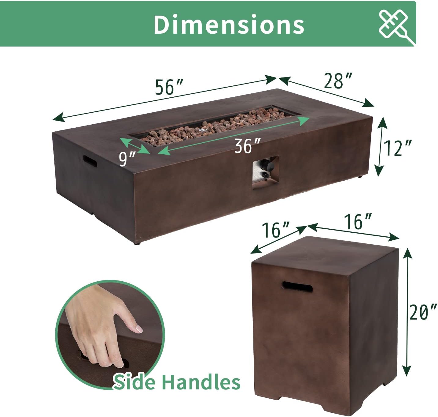 Patio Propane Gas Fire Table w 20lb Tank, 50,000 BTU Outdoor Rectangle Fire Pit, Concrete-Like Finish with Lava Rocks, Rain Cover, 56x29inches, Bronze