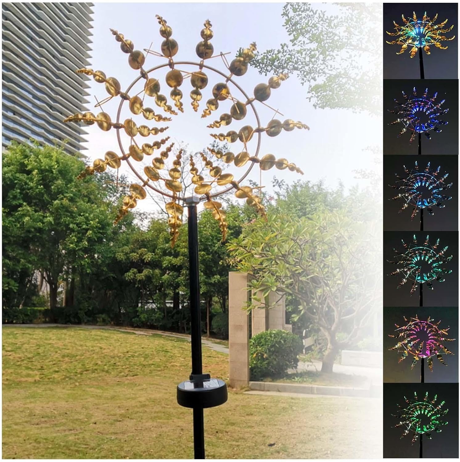 Solar Magical Metal Windmill, Windspinners 3D Wind Powered, 13.4 x 71in Kinetic Wind Spinner,Gold