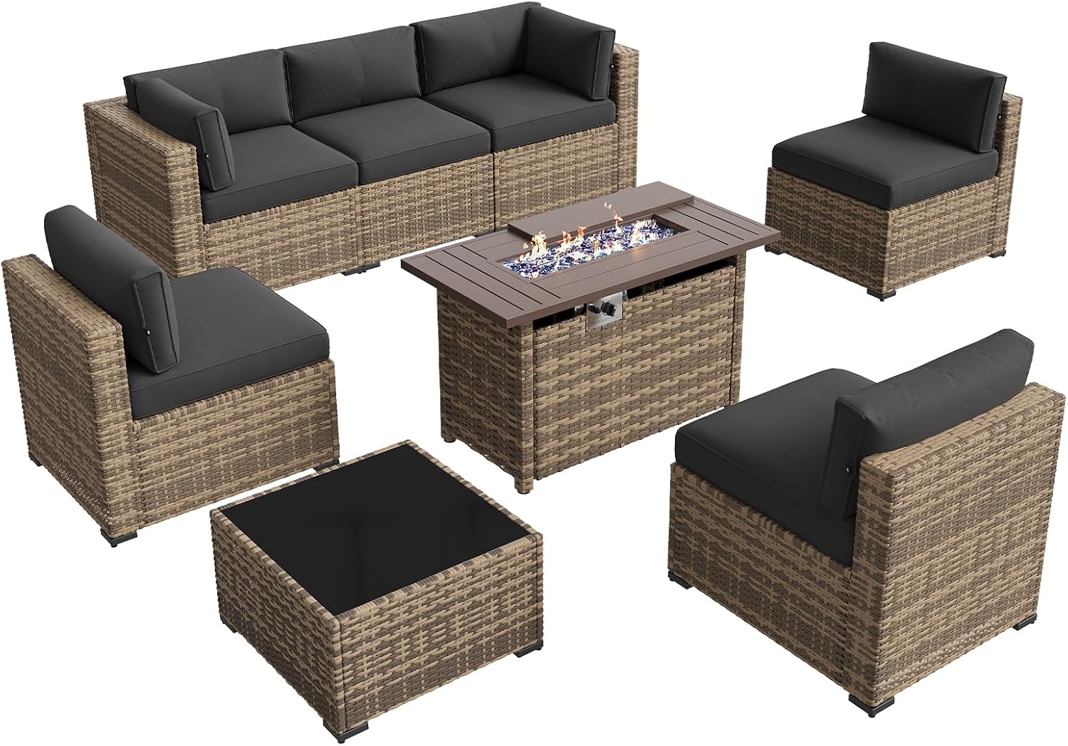 Aoxun Patio Furniture Sets, 8-Piece Outdoor Patio Furniture with 44'' Propane Gas Firepit Table, Wicker Outdoor Conversation Set Sectional Sofa for Backyard, Poolside, Garden (Black Cushion)