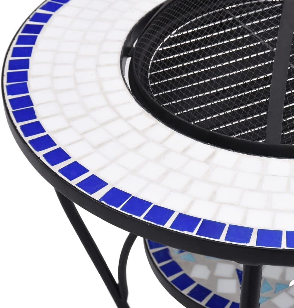 Mosaic Fire Pit Table, Outdoor Fire Pit & Ice Bucket & Side Table, Round Tile Tabletop for Patio, Backyard, Patio, Garden, Blue and White 26.8