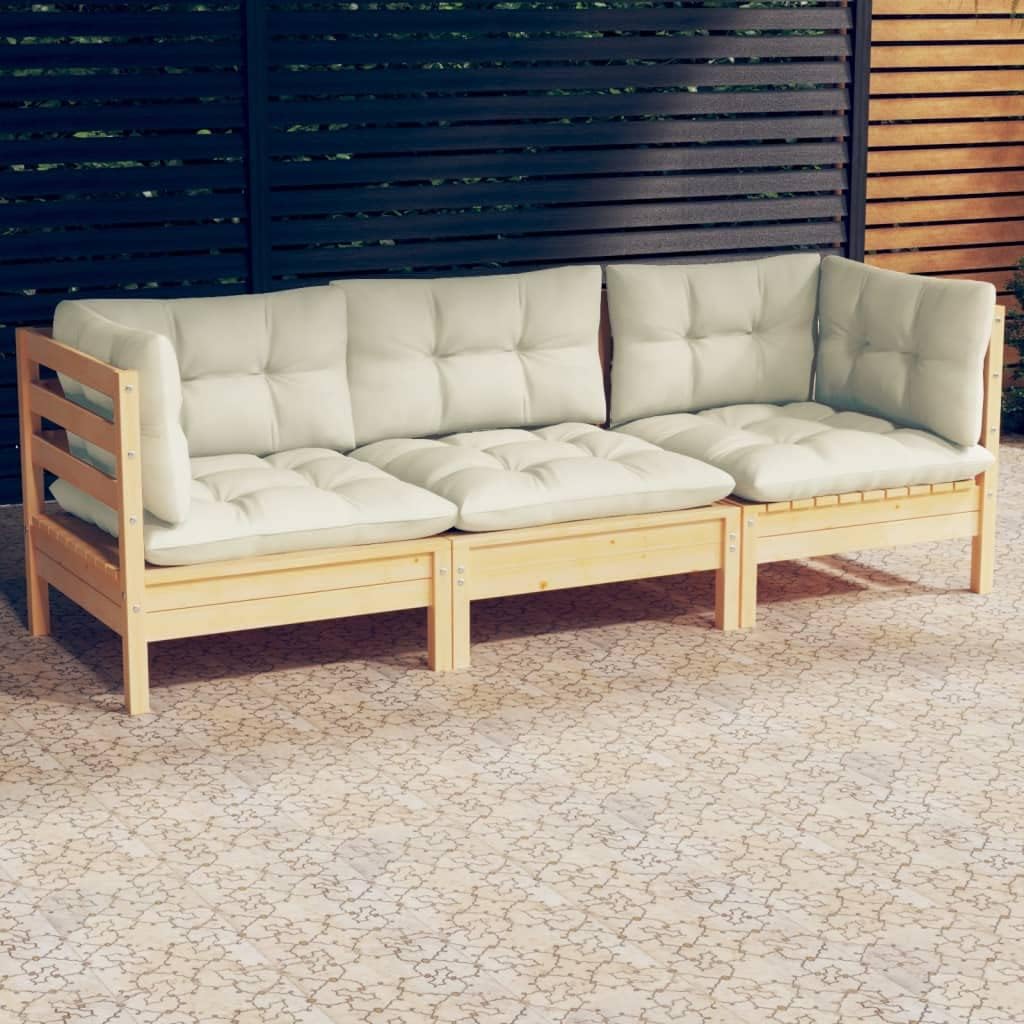 3-Seater Patio Sofa with Cream Cushions Solid Pinewood,3Seater Modular Patio Sofa for Outdoor Relaxation and Comfort: for Gardens and Balconies Patio Furniture & Accessories, Outdoor Seating