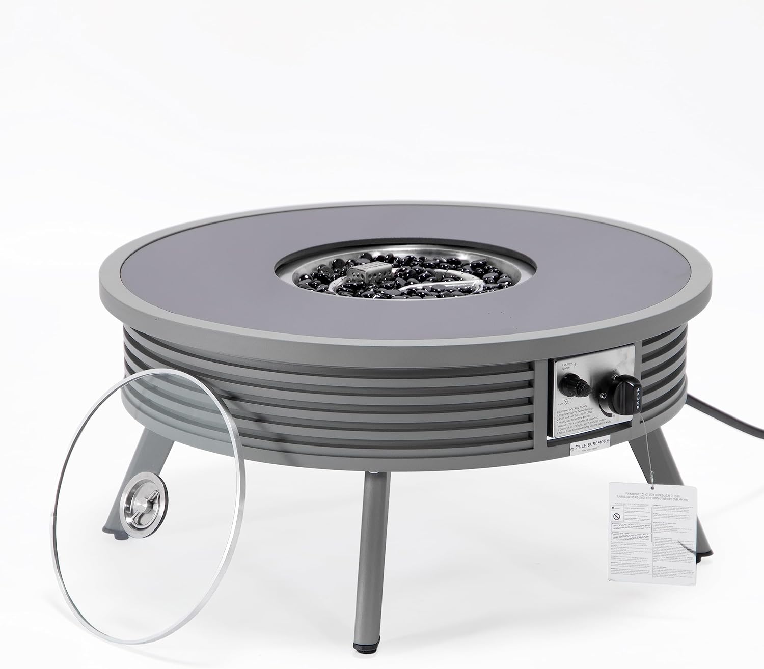 LeisureMod Walbrooke Modern Outdoor Round Fire Pit Table with Powder-Coated Aluminum Frame and Slats Design for Patio and Backyard Garden, Grey