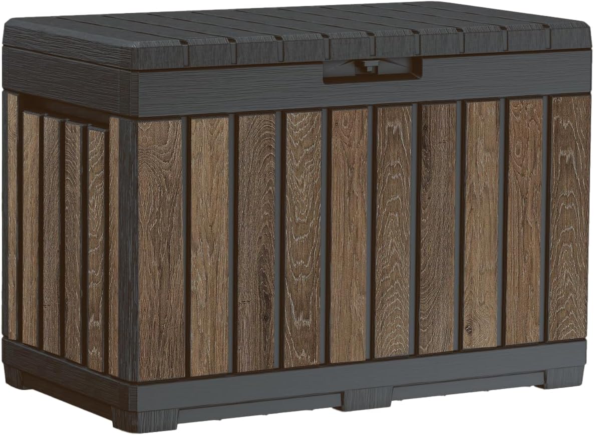 Keter Signature Everwood 50 Gallon Resin Deck Box-Organization and Storage for Patio Cushions, Throw Pillows and Garden Tools, Walnut