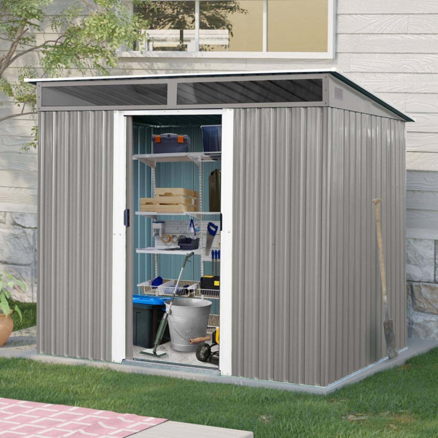 8ft x 6ft Outdoor Metal Storage Shed for Garden & Backyard, Patio, Lawn, Compact Metal Tool Shed with Lockable Sliding Doors and Transparent Plate, Tool House, Gray