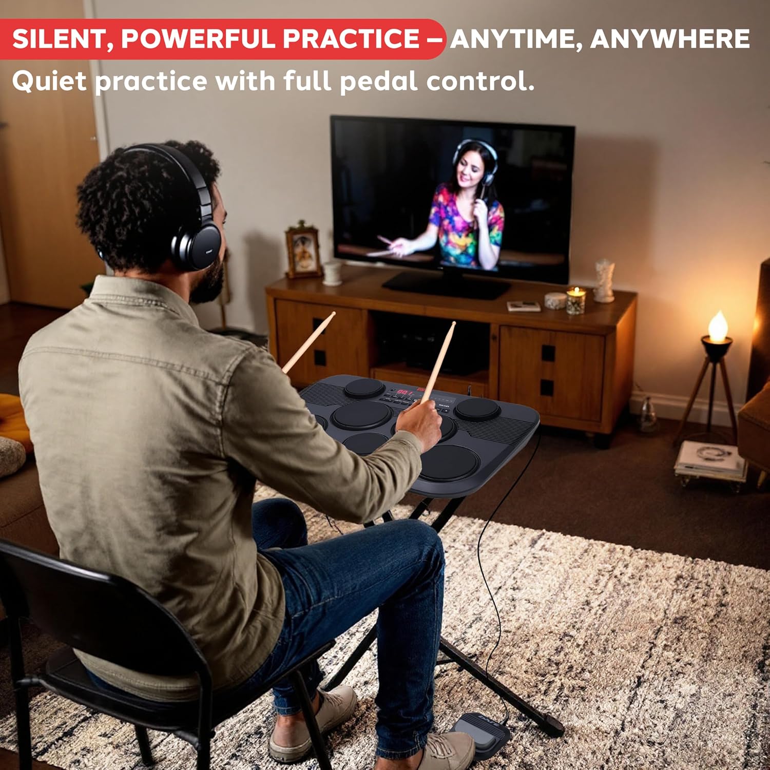 Pyle Electronic Tabletop Digital Drum Set, Compact Portable Drum Pad Kit w/ 7 Touch Sensitive Drum Pads and Pedals, 273 Sounds, USB & Headphone Outputs, MIDI/AUX Inputs, 4x5” Drums & 3x3.5” Cymbals