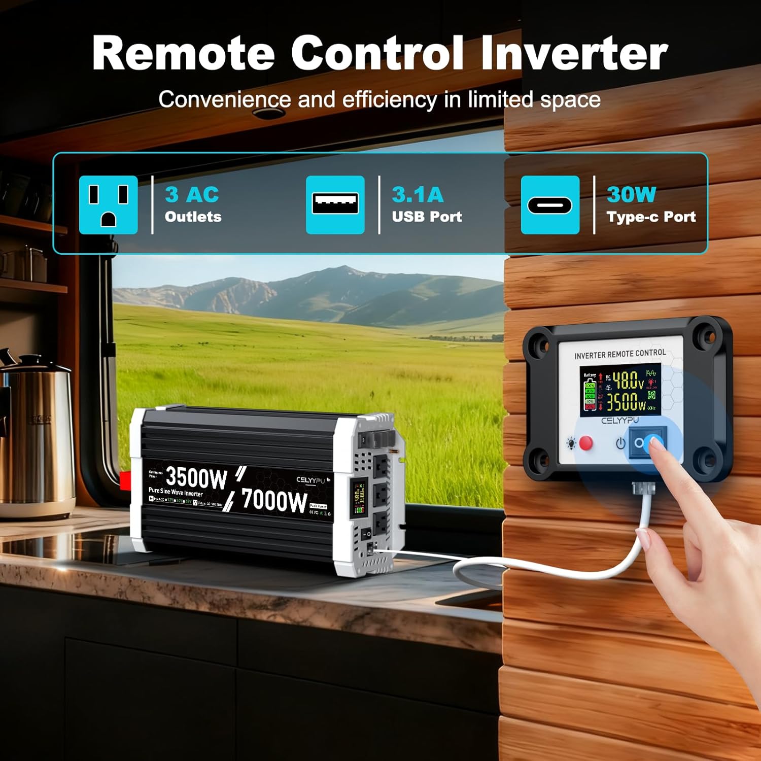 3500 watt Pure sine Wave Inverter, 48V DC to 110V AC Power Inverter, with 3 AC Output sockets, USB Port, Type-C Port, Remote Control with LCD Screen, Used for Solar Emergency Power Supply in RV Homes