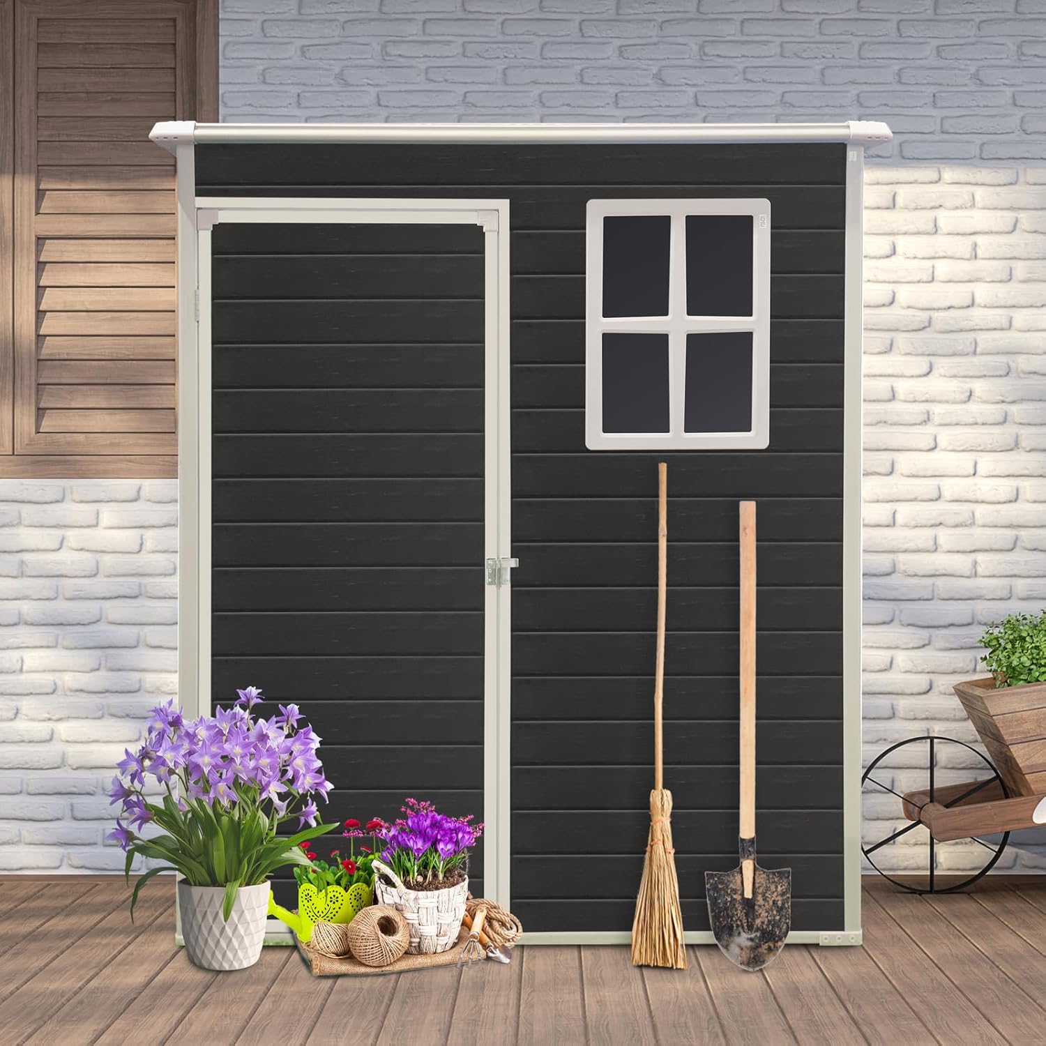 JT 5×3ft Resin Outdoor Storage Shed,Outdoor Storage Shed with Floor & Window to Store Patio Furniture, Garden Tools Bike Accessories, Beach Chairs and Lawn Mower. (Black, 5ft*3ft)