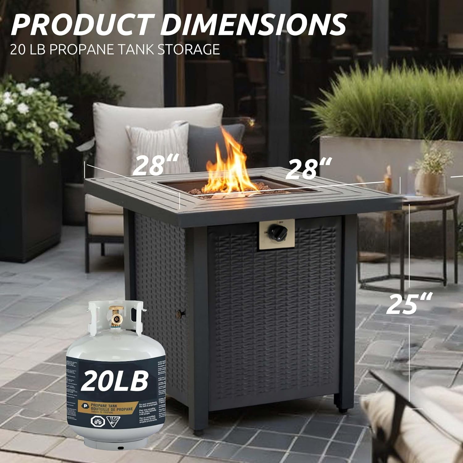 28'' Propane Fire Pit Table, 50,000 BTU Patio Fire Pit Table, 3-in-1 Multi-Use Iron Square Propane Firepit, Fit Patio Backyard Deck Outdoor Gatherings