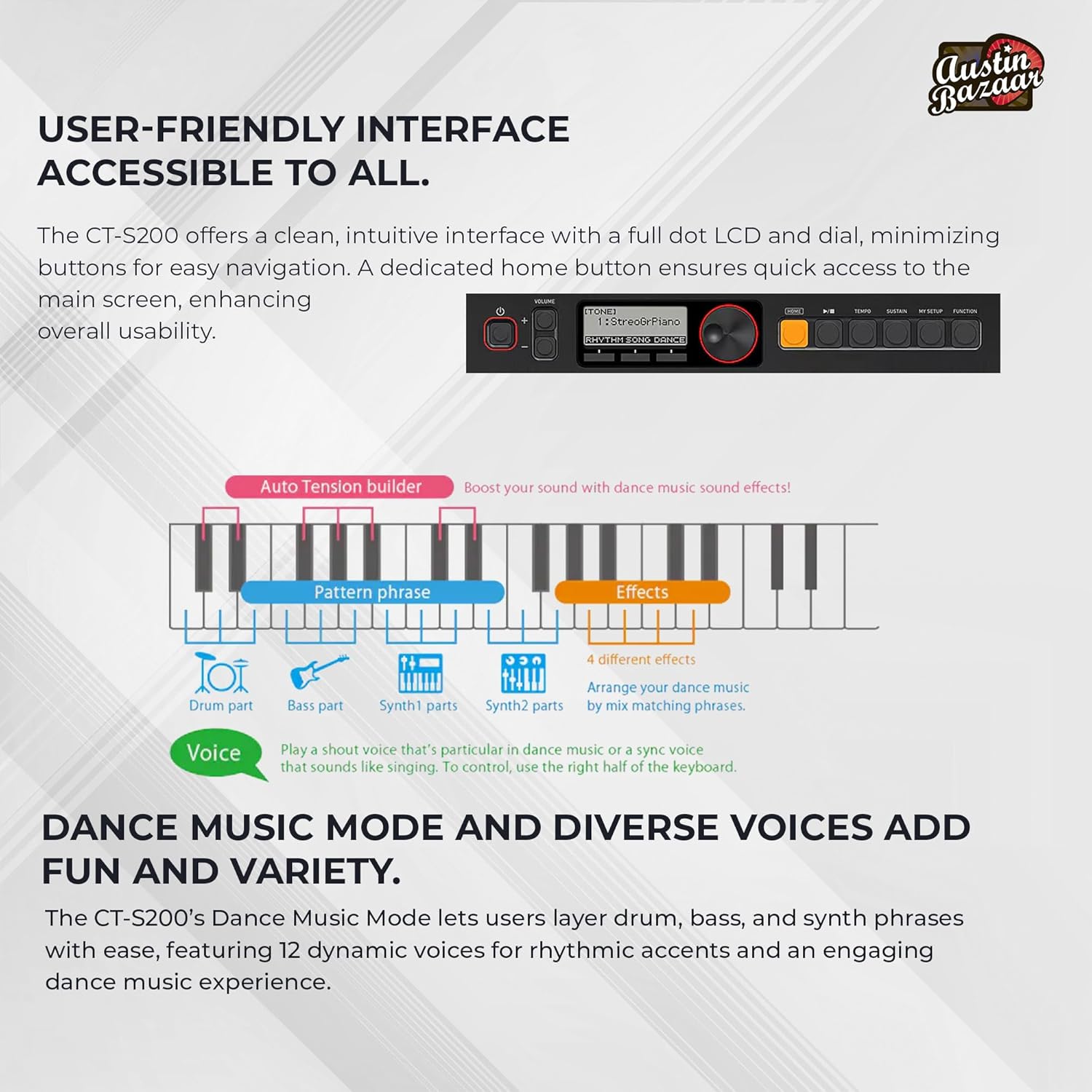 Casio CT-S200 Casiotone 61-Key Portable Keyboard - Black Bundle with Adjustable Stand, Bench, Headphones, Sustain Pedal, Instructional Book, Instructional DVD, and Austin Bazaar Polishing Cloth