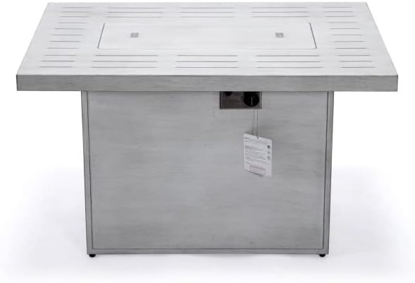 LeisureMod Chelsea Propane Fire Pit 44 Inch 55,000 BTU Auto-Ignition Gas Fire Pit Table with lid, Wind Guard and Decorative Stones Aluminum Frame (Weathered Grey)