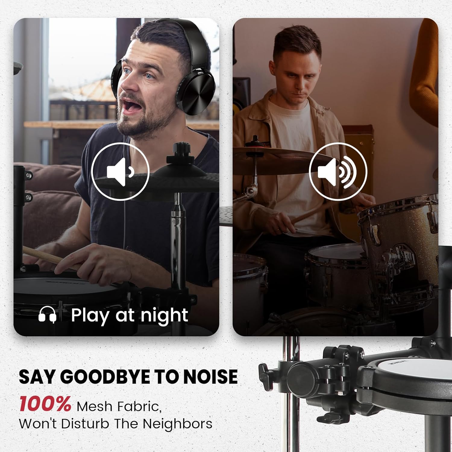 Electronic Drum Set Electric Drum Kit with 4 Quiet Mesh Pads, 360 Sounds, 2 Pedals, Headphones, Sticks, Dual Bluetooth function, Suit for Beginner