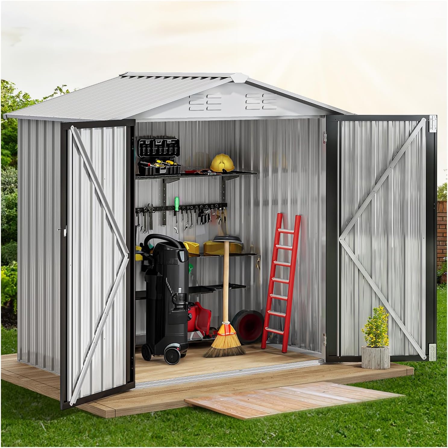 New Silver and Black 6x4 FT Outdoor Large Storage Shed Metal Tool Sheds Heavy Duty Hinged Doors Lockable House Patio Tool Garden Waterproof All Weather Rust Protect Two Tone 92.5
