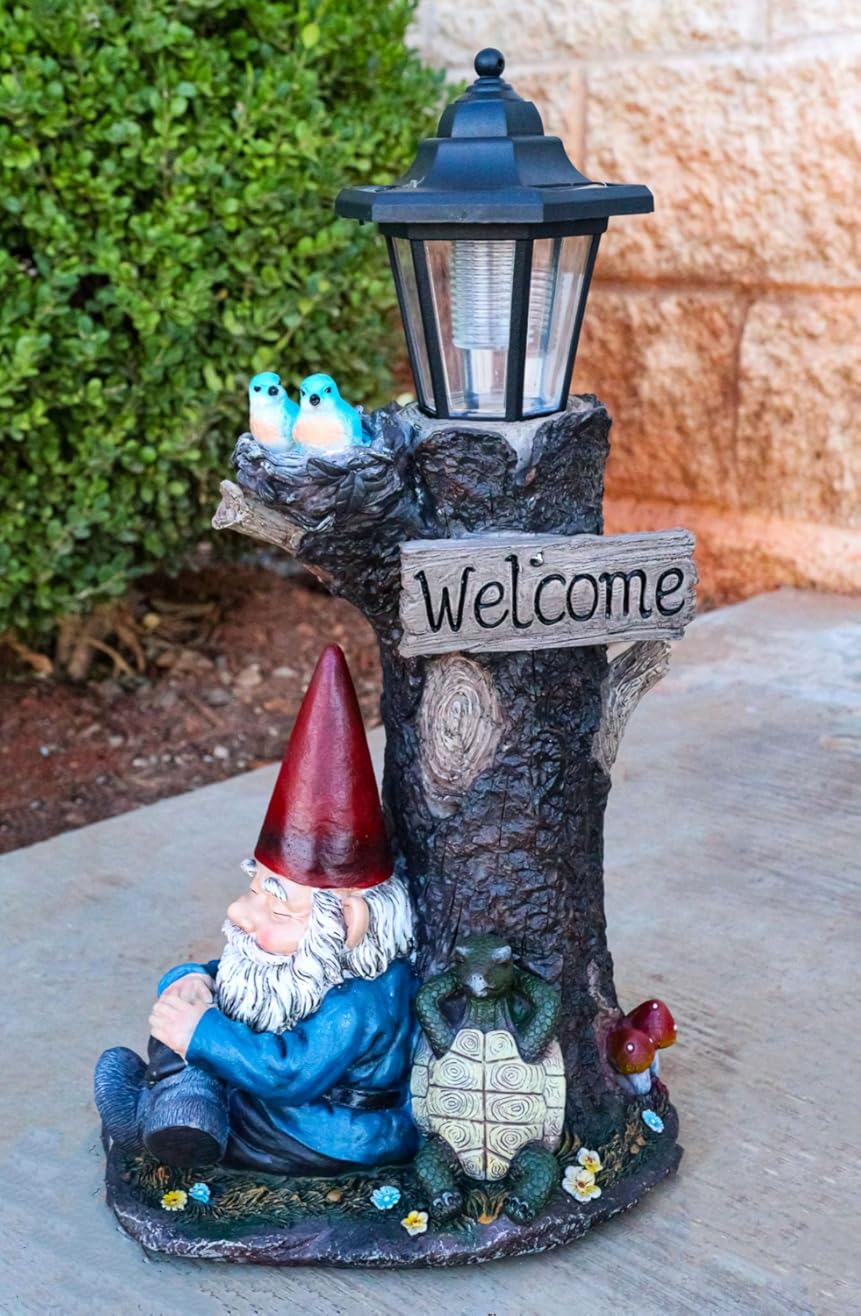 Ebros Gift Whimsical Summer Dream Garden Gnome with Buddy Turtle Taking a Short Nap Under Tree Outpost Crossroad Station Solar Path LED Courtesy Light Garden Statue Home Decorative Patio Figurine