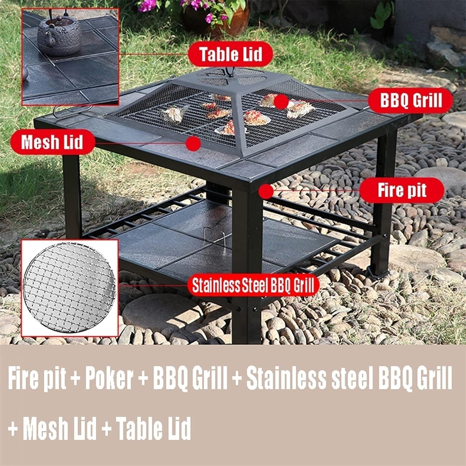Outdoor Fire Pit Garden Square Metal Fireplace with Spark Screen Cover, Poker, Cover, Barbecue Picnic Camping Camp Fire Backyard, 79cm/29.9