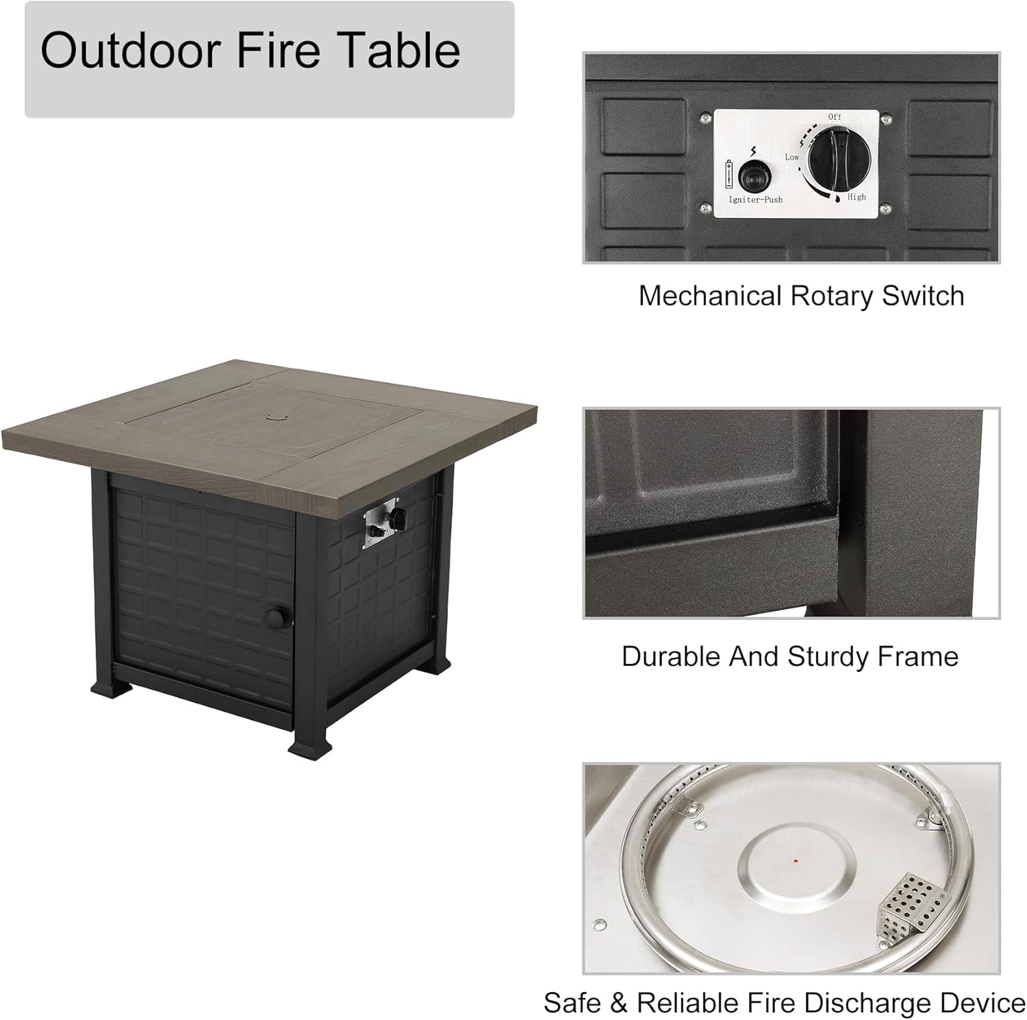 LOKATSE HOME Patio Outdoor Square Fire Table Pit CSA Certification Approval 50,000 BTU Auto-Ignition Outdoor Propane Gas Fire Pit Table with Steel Cover