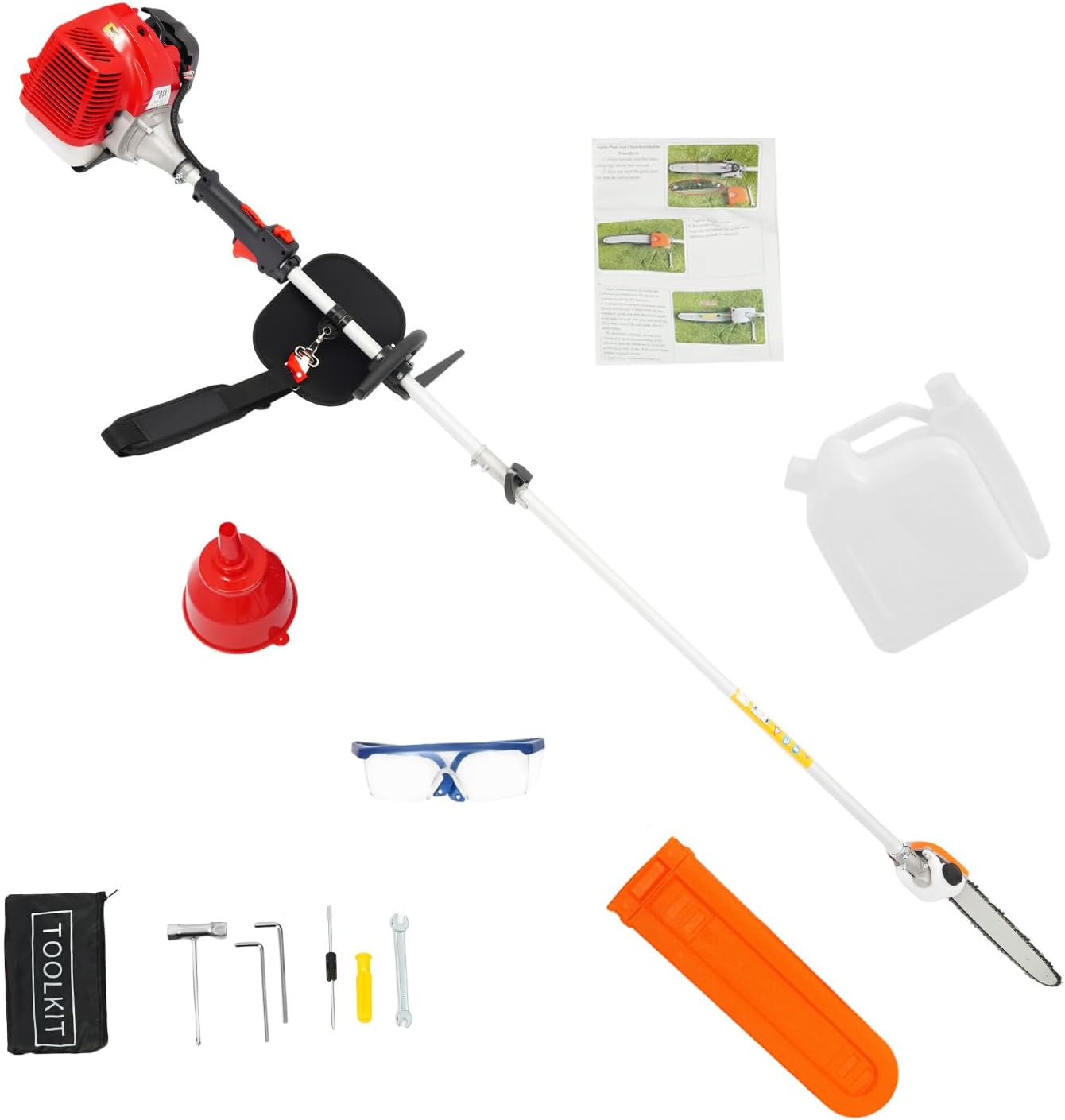 Gas Powered Pole Saw, 43CC 2 Stroke 1.25KW Gas Pruning Pole Saw Telescoping Tree Trimmer 7.87-11.48ft Height Adjustable w/ 12″ Manganese Steel Chain Tree Branch Chainsaw for Garden Park Home