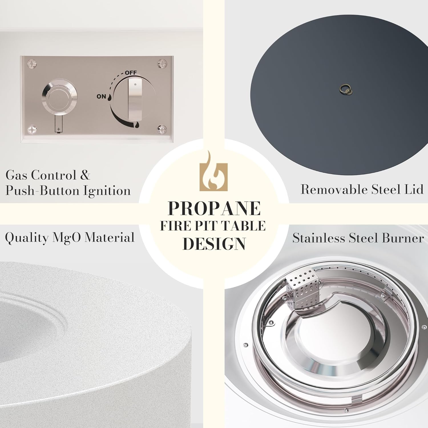 32.5 Inch Propane Fire Pit Table, 50,000 BTU Round Patio Fire Pit Table Outdoor, CSA Certified, Stainless Burner with Steel Lid, Waterproof Cover & Lava Rocks, for Backyard Garden, White