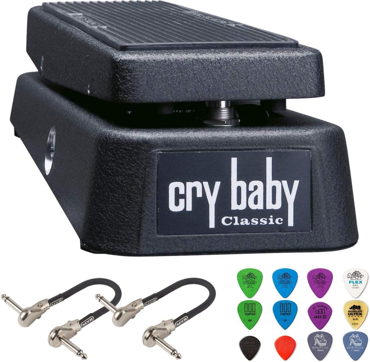 Dunlop GCB95F Cry Baby Classic Wah Pedal Bundle with 2 MXR Patch Cables and Dunlop Pick Pack
